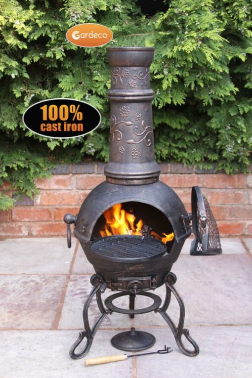 Toledo Cast Iron Chiminea (Large), Bronze Flowers