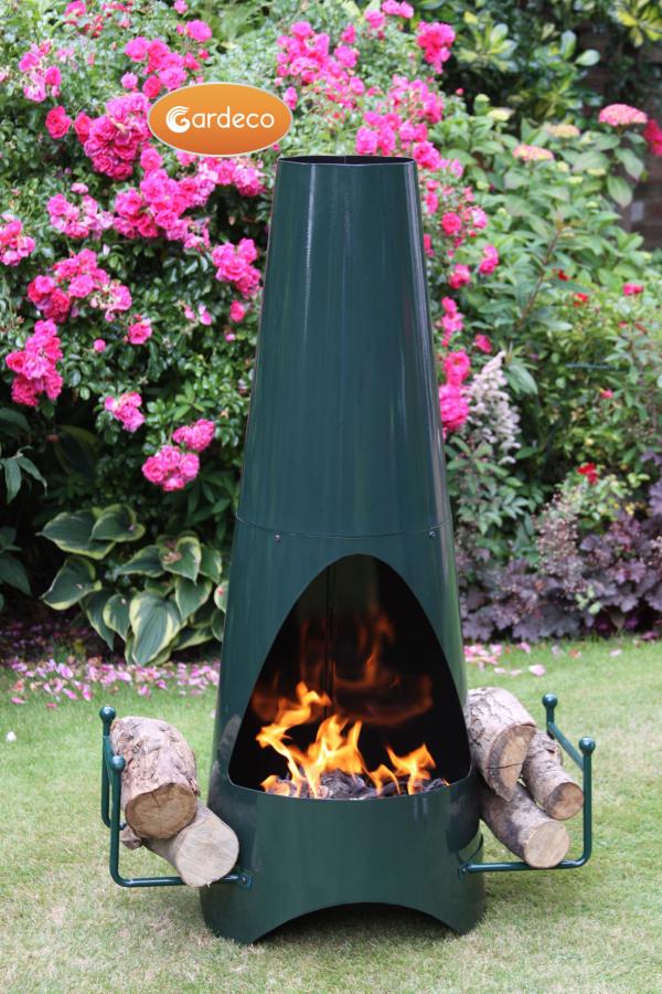 Oslo Steel Chiminea Fireplace in Green - Front view with Fire