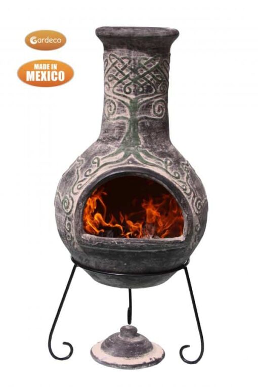 Derwyn The Tree Mexican chimenea green tree on charcoal Celtic theme including stand and lid