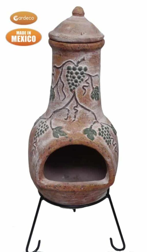 Large Mexican Grapes chimenea in rustic orange, inc stand and lid