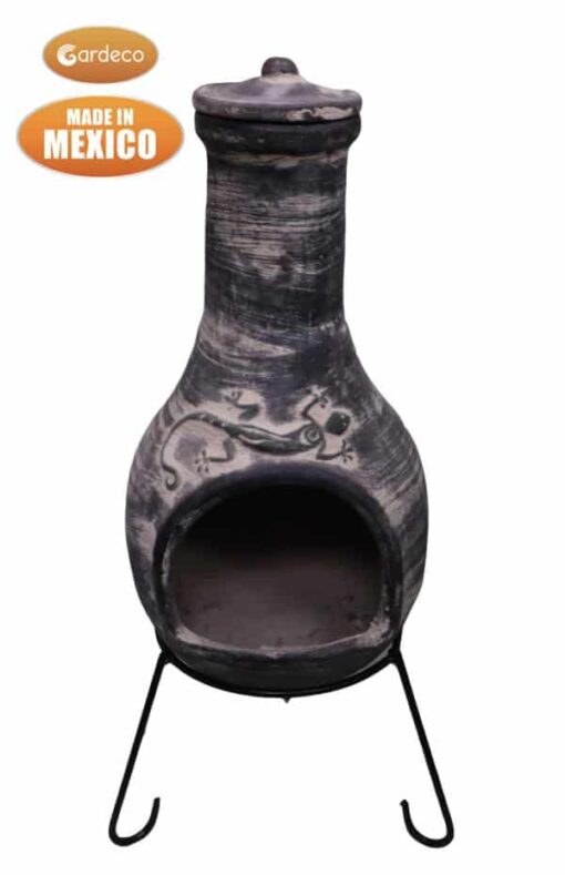 Extra-Large Iguana Mexican Chimenea in dark grey, iguana on belly, inc stand and lid