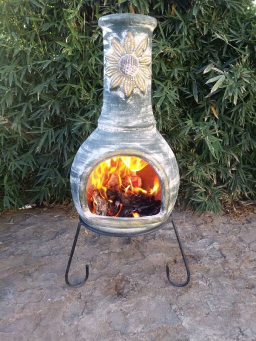 Extra-large Girasol Mexican Chimenea in green, inc stand and lid